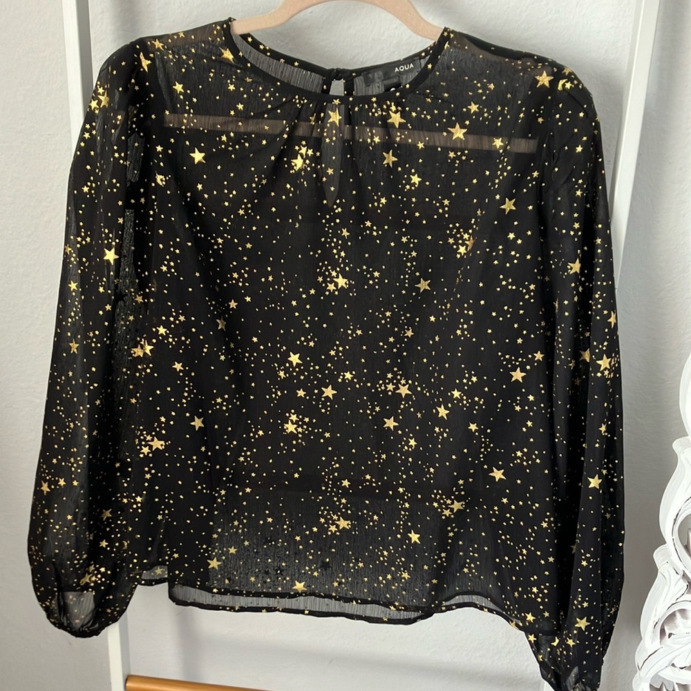 Aqua black sheer top w gold stars size medium -worn twice